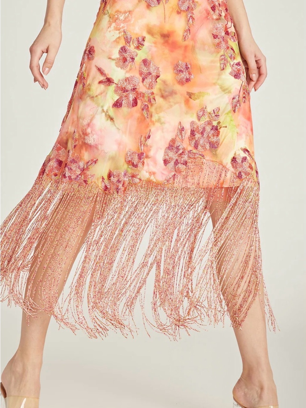 Theia Orange Pink Floral Halter Midi Dress with Fringe - Picture 6 of 11